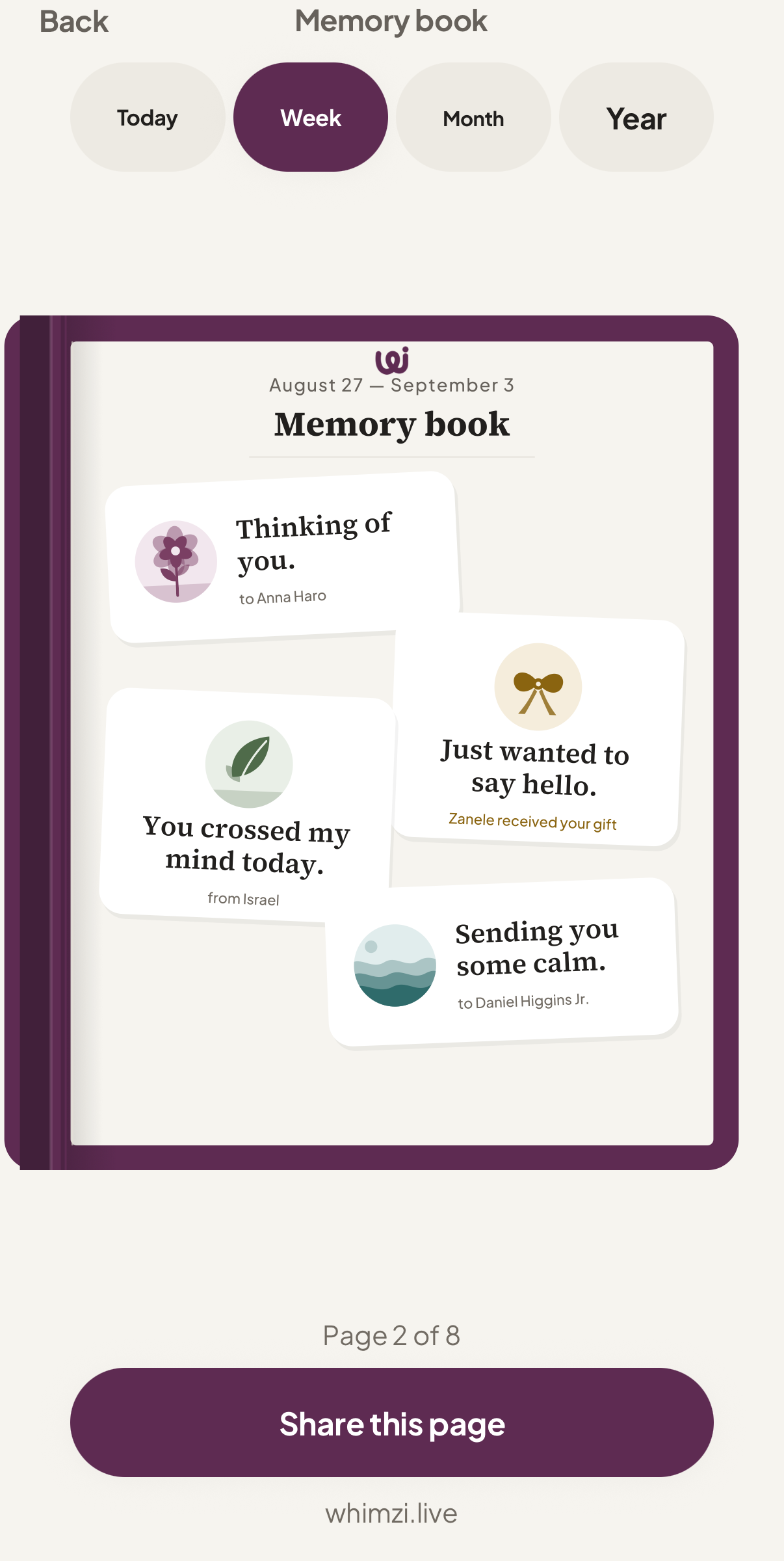 A page of the memory book: four cards scattered across it, with the page count at the foot.