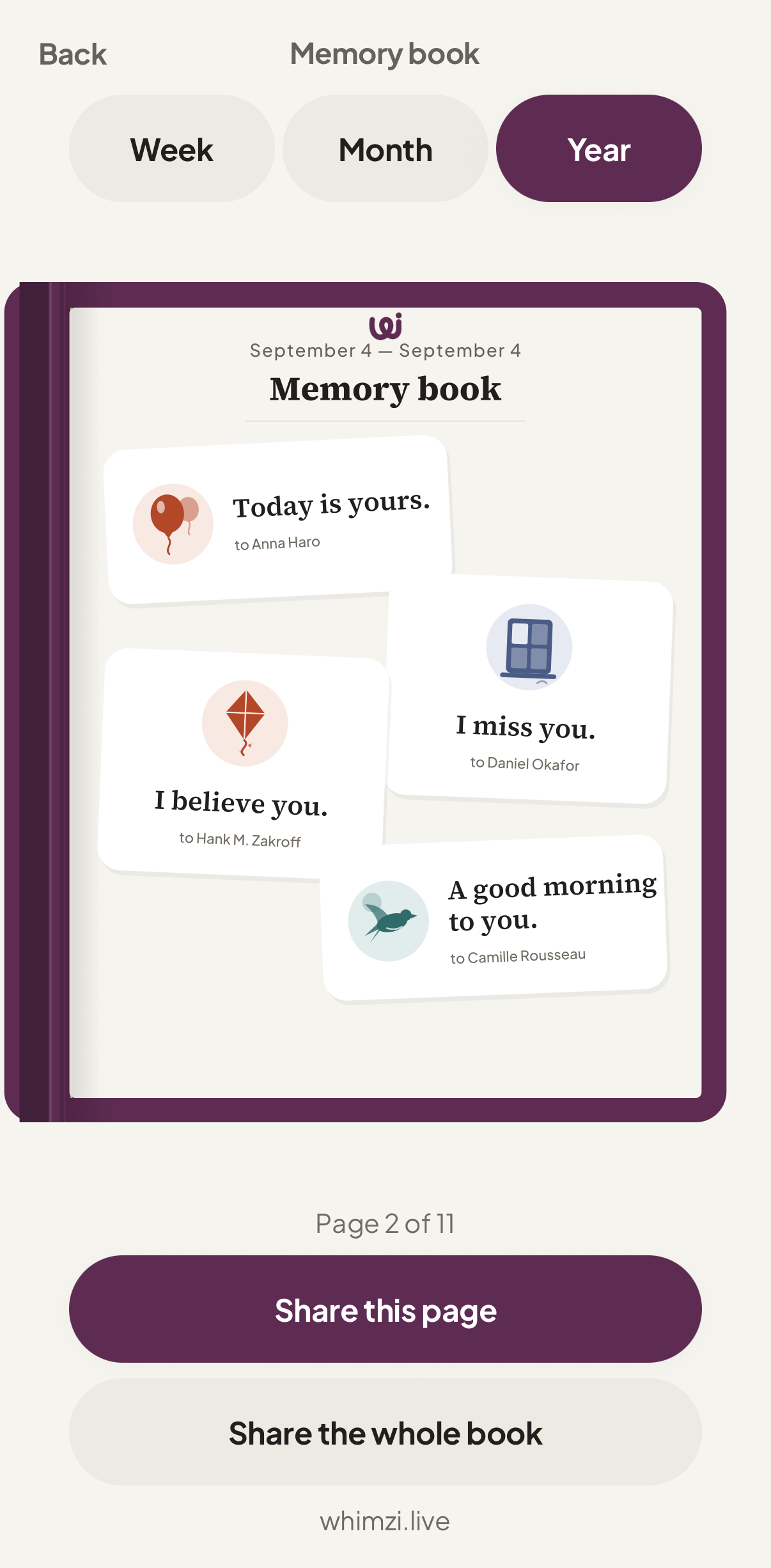A page of the memory book: four cards scattered across it, with the page count at the foot.