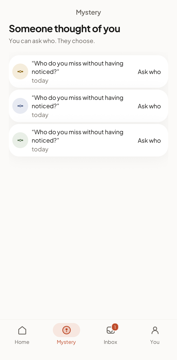 The Mystery tab: cards showing that someone answered a question with your name, without saying who.