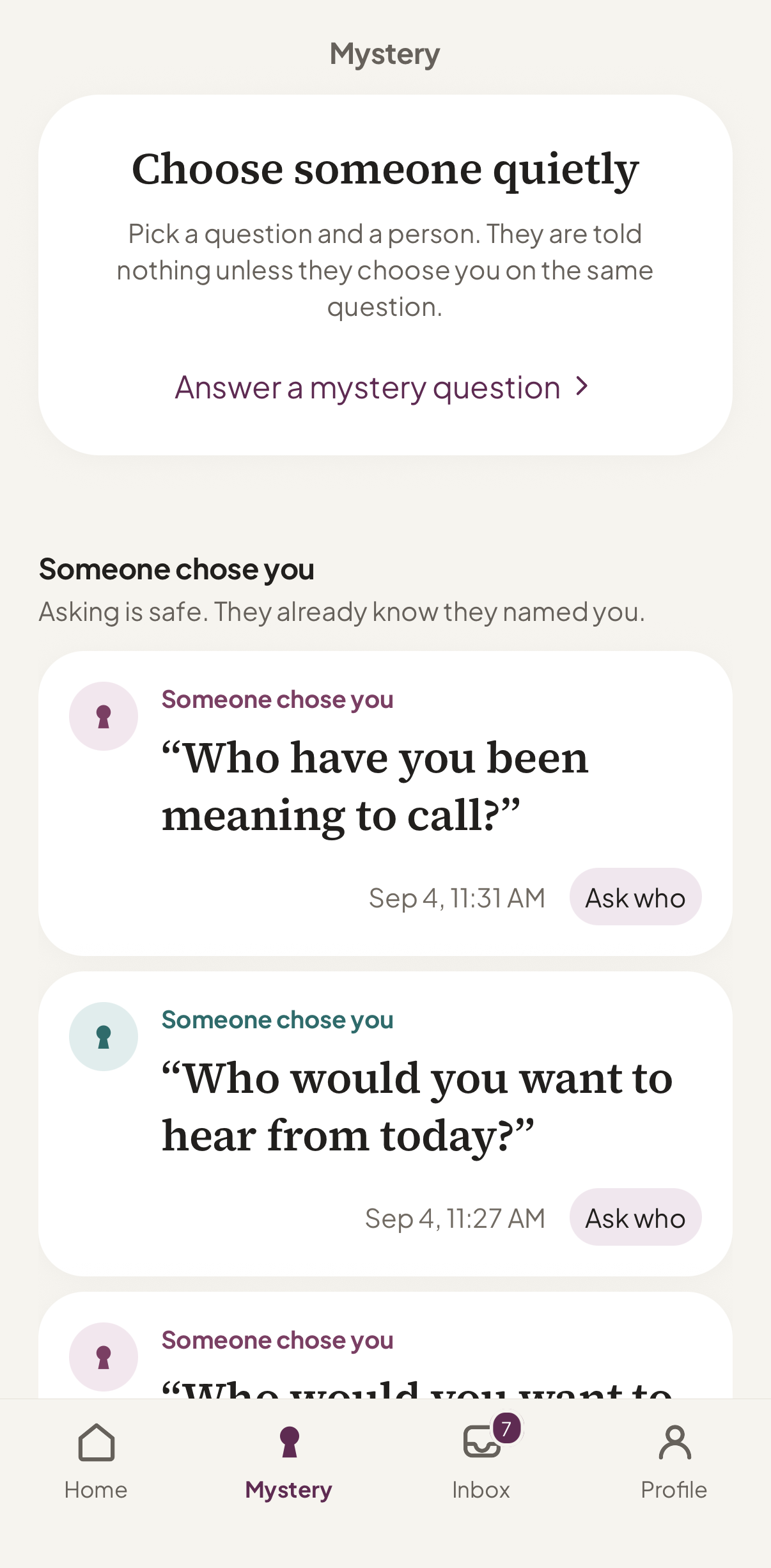 The Mystery tab, holding a private answer that is waiting for the same choice.