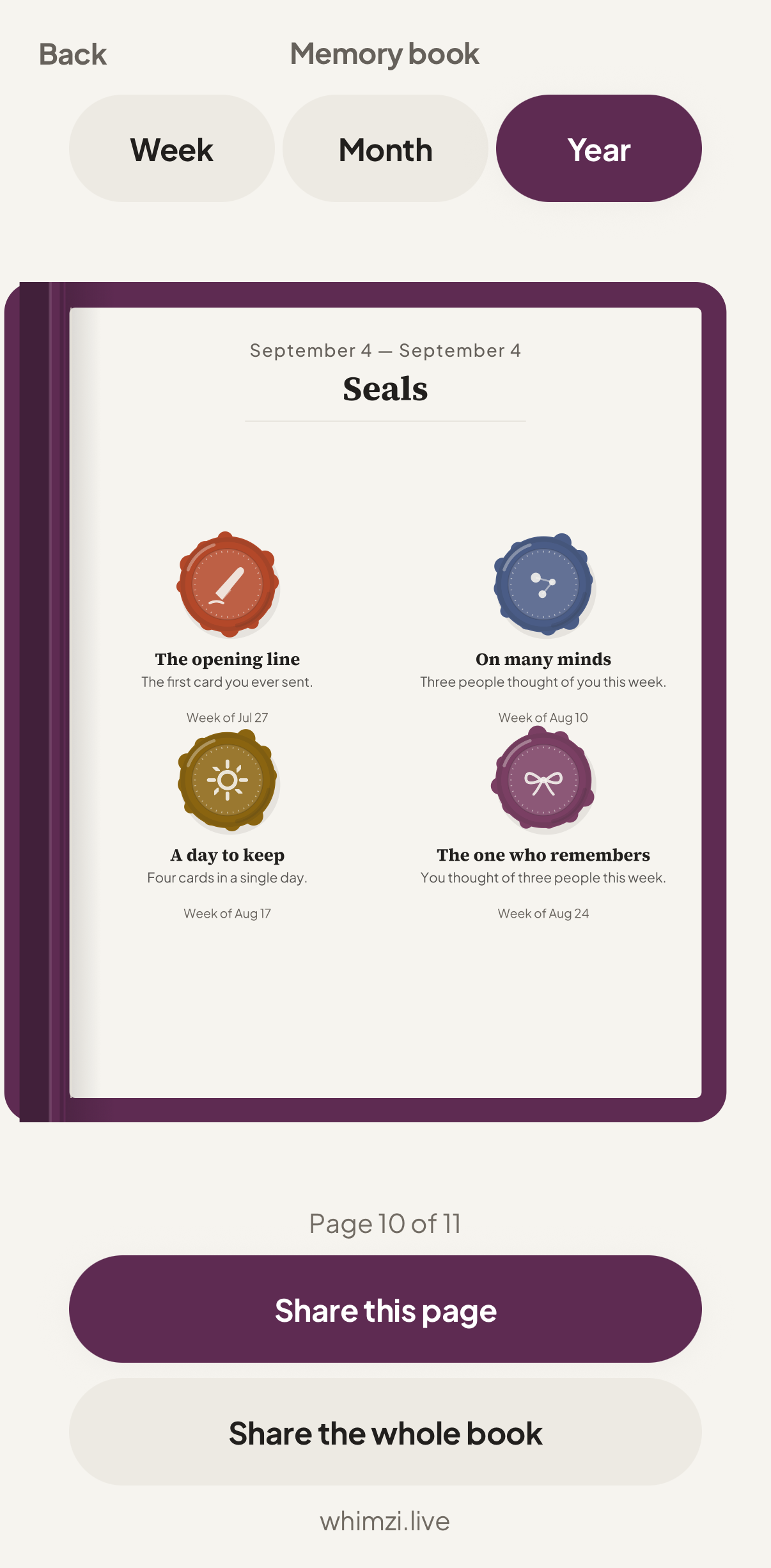 A page of the memory book showing wax seals, each with its name and what it marks.